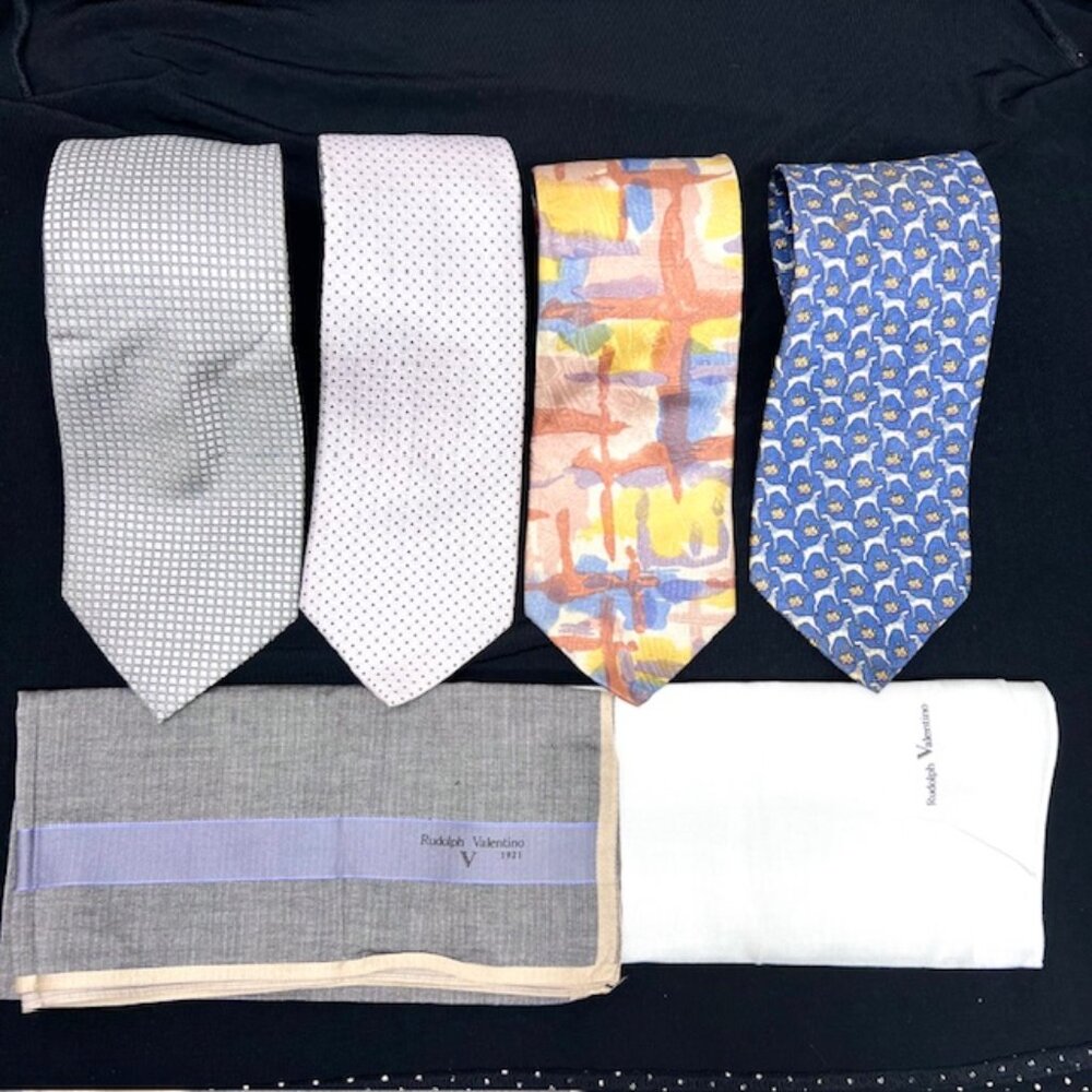 Lot of 4Designer 100% Silk Necktie Valentino R & 2 new Valentino Handkerchief(62
